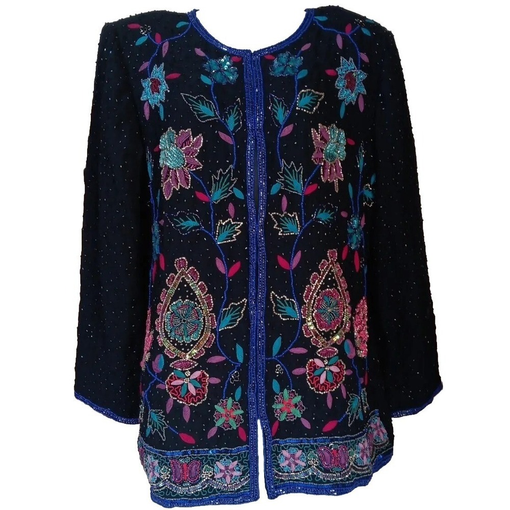 Indigo Moon Blouse Jacket Women's L Beaded Sequined Black Turquoise Purple Blue